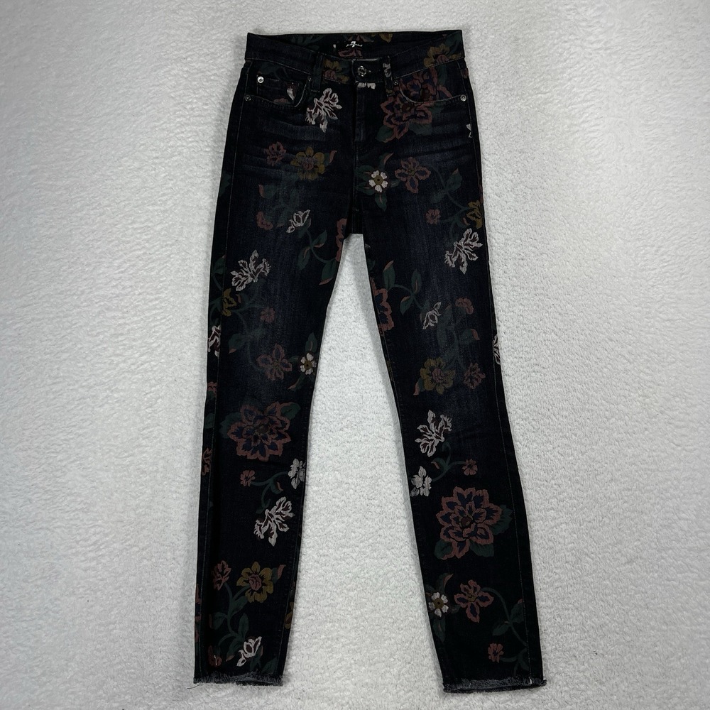 7 For All Mankind Roxanne Jeans Women's 24 (25x26.5) Black Floral Skinny Raw Hem